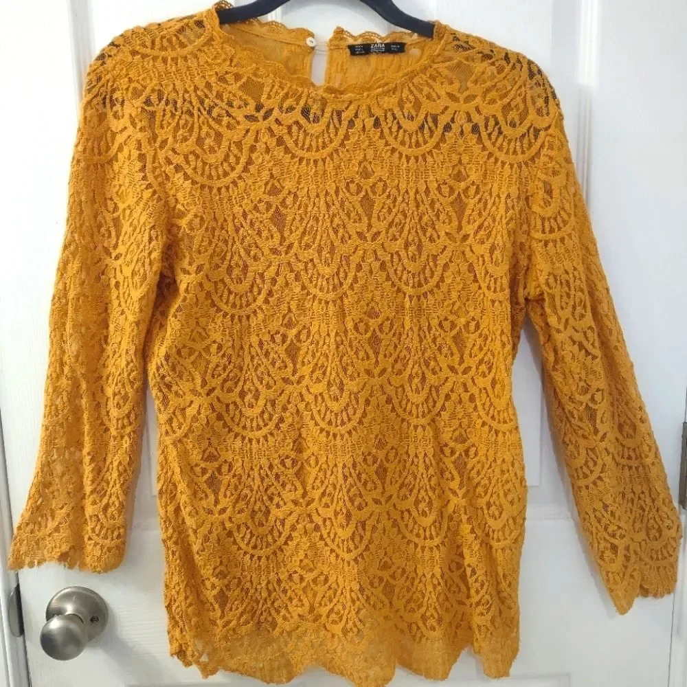 Zara Mustard Yellow Vintage Style Sheer Lace Blouse Size L